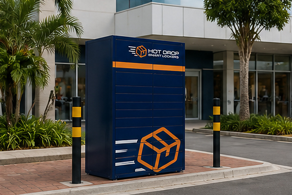A HotDrop SmartLocker unit installed outside a modern building in Jamaica
